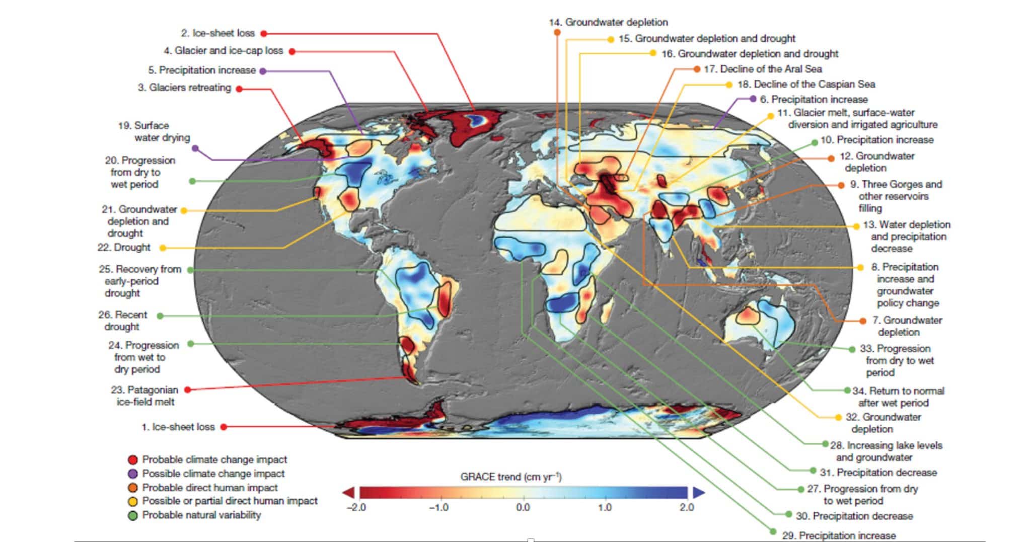 Annotated map of terrestrial water storage trends